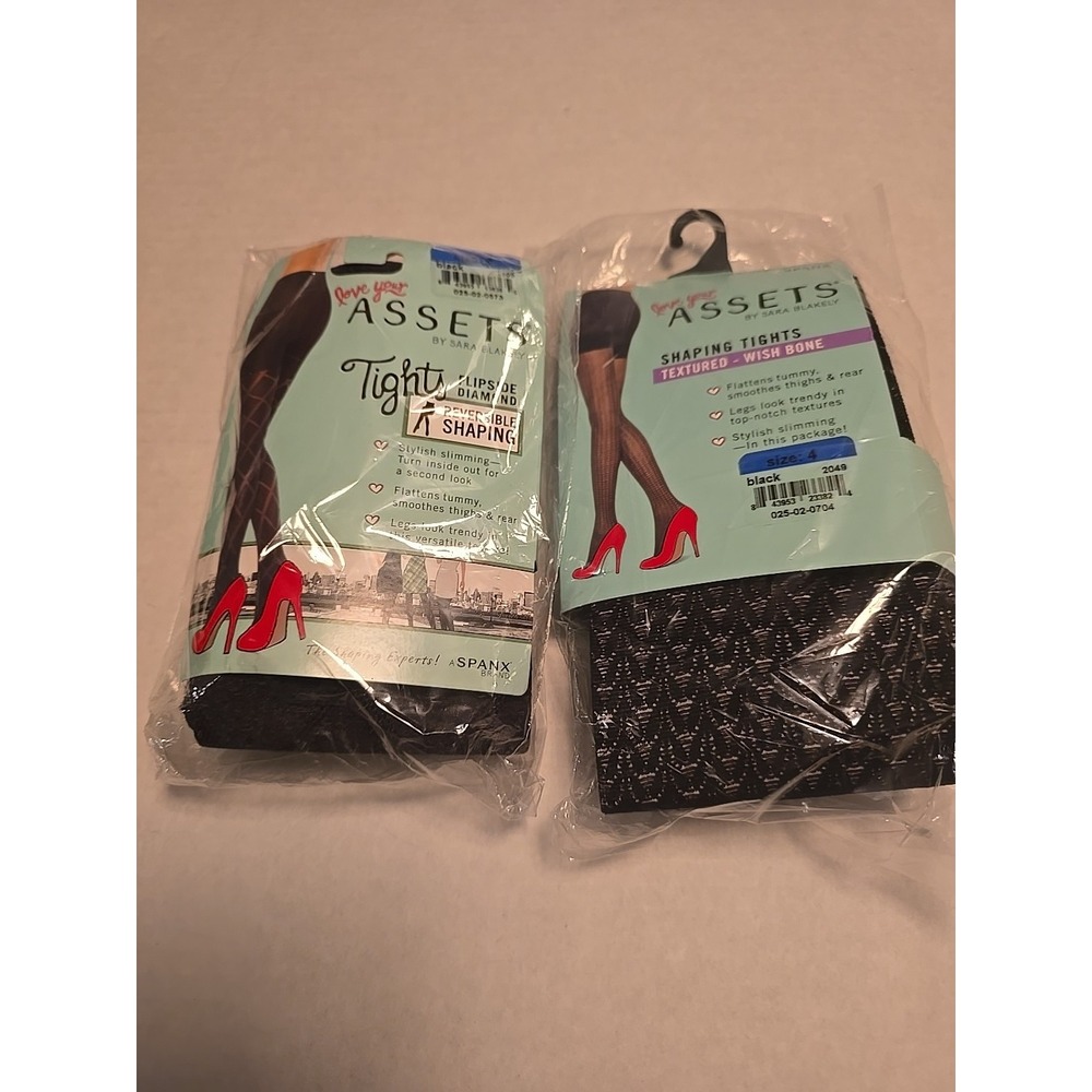 2 Pair Of Spanx Assets Shaping Tights Black Textured Wishbone/Diamond Size 4 NWT